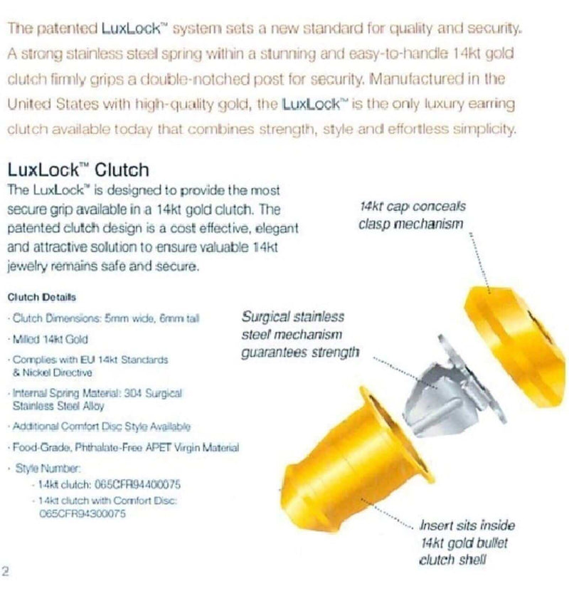 LuxLock World's most secure USA Patented Replacement Earring Back in 14k Yellow